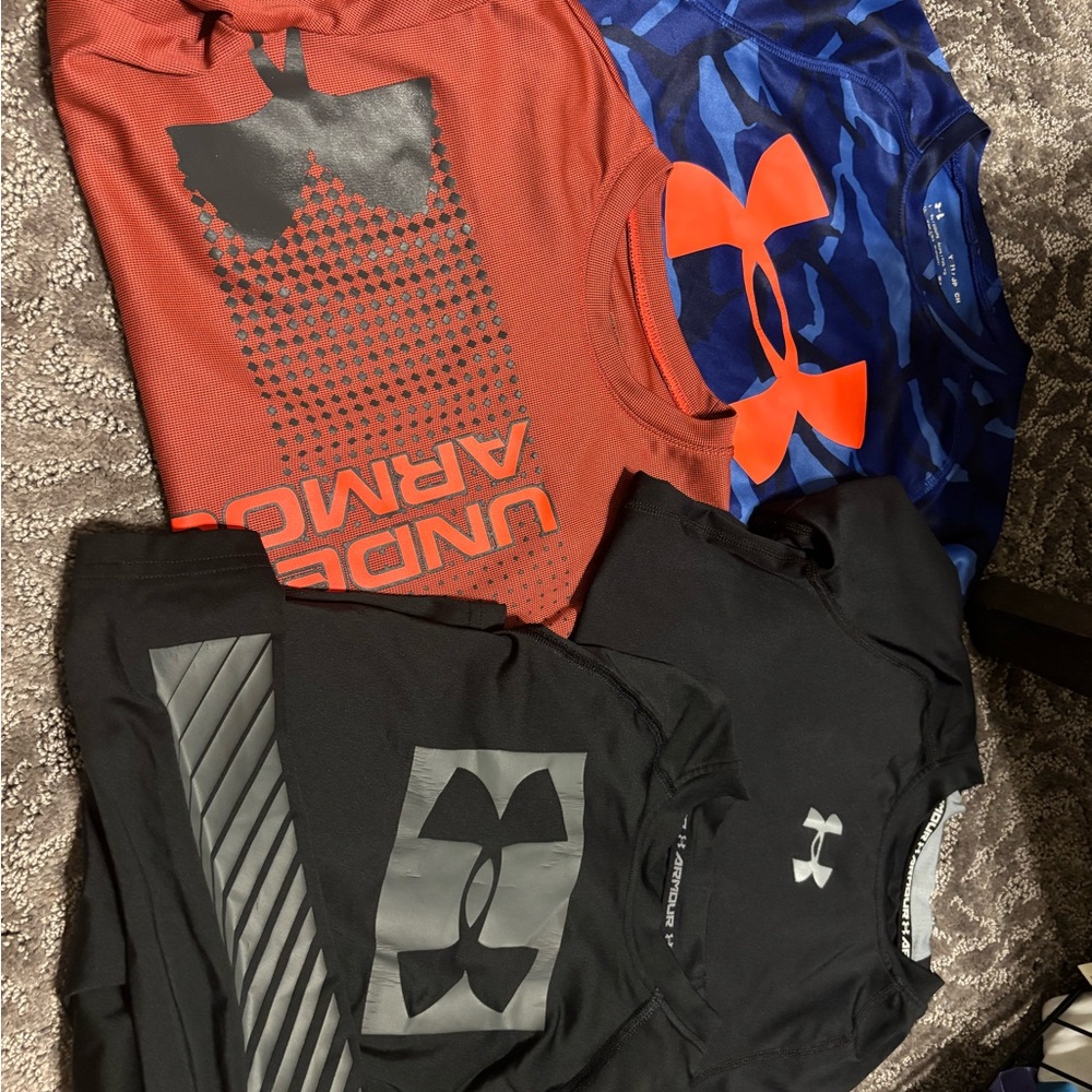 4 Under Armour Graphic T-Shirts - Orange, Blue, Black.  3 short sleeve 1 long